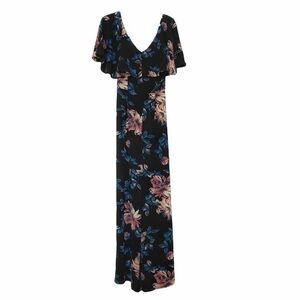 June & HUDSON BLACK FLORAL WIDE LEG RUFFLE CRISS CROSS JUMPSUIT - L
